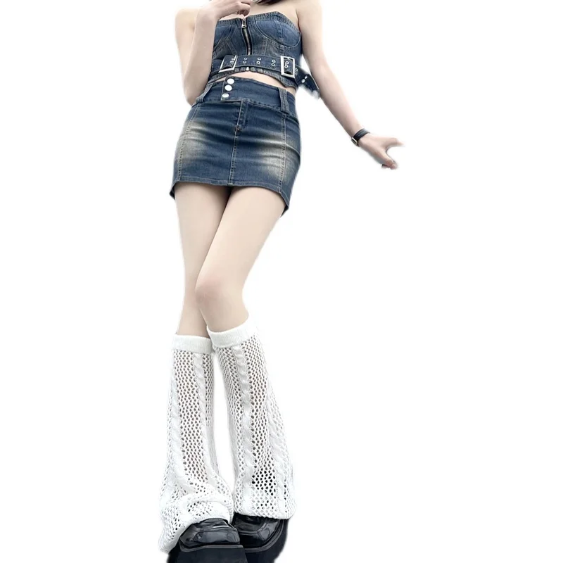 Summer Japanese Hot Girl Knee Sleeve Warm Leg Cover Harajuku White Hollowed Out Knitted Wide Leg Horn 3 Colors