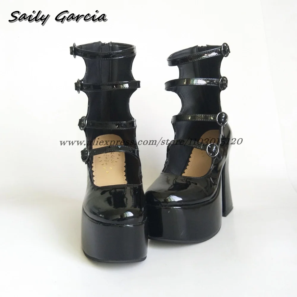 

Glossy Mary Jane Chunky Heel Belt Bucke Strap Modren Boots Summer NEW Strange Heel Sexy Pumps Round Toe Platform Casual Shoes