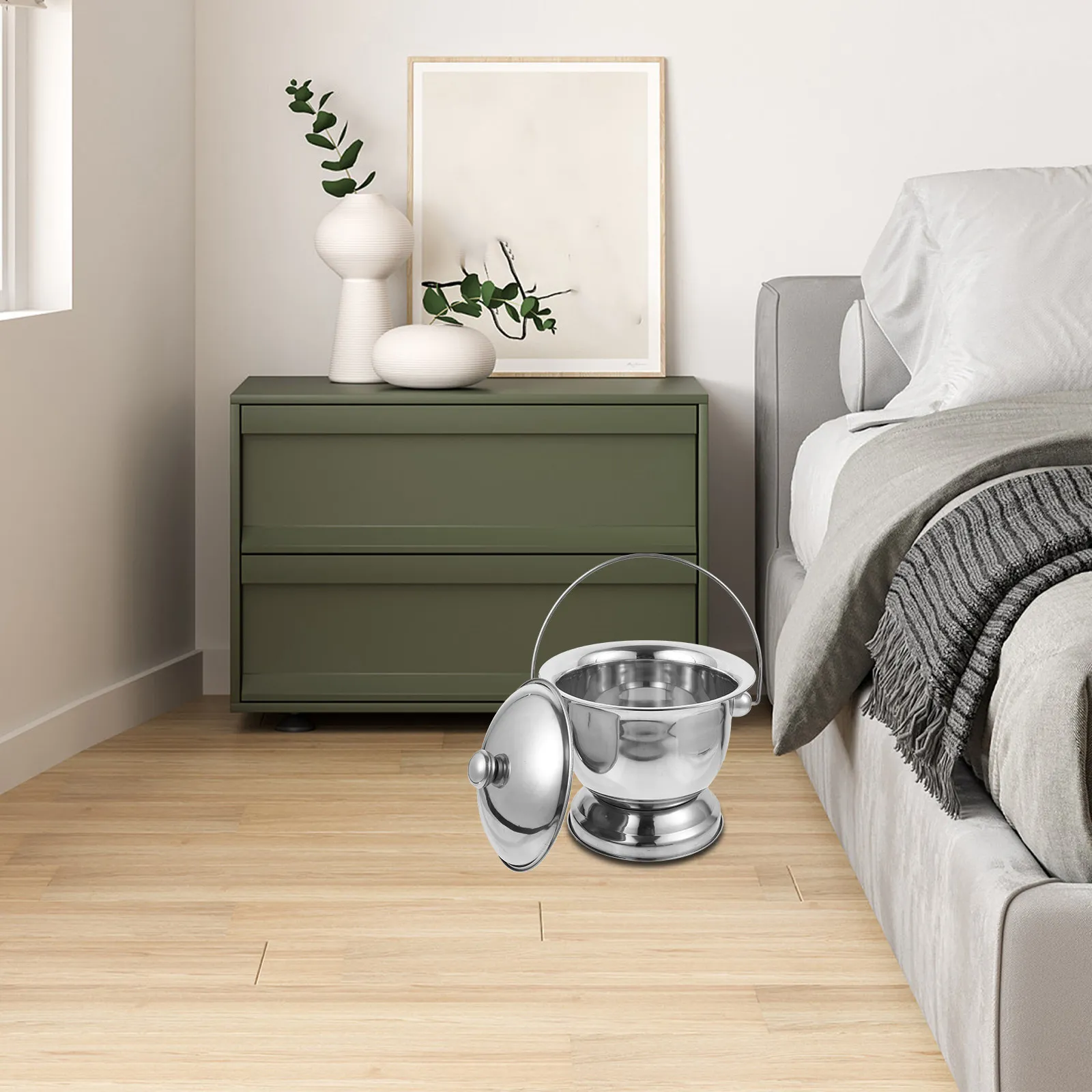 

1Set Stainless Steel Portable Spittoon Chamber Pot Urinal Bedside Toilet with Lid for Elderly Adult Home Use Chamber Pot