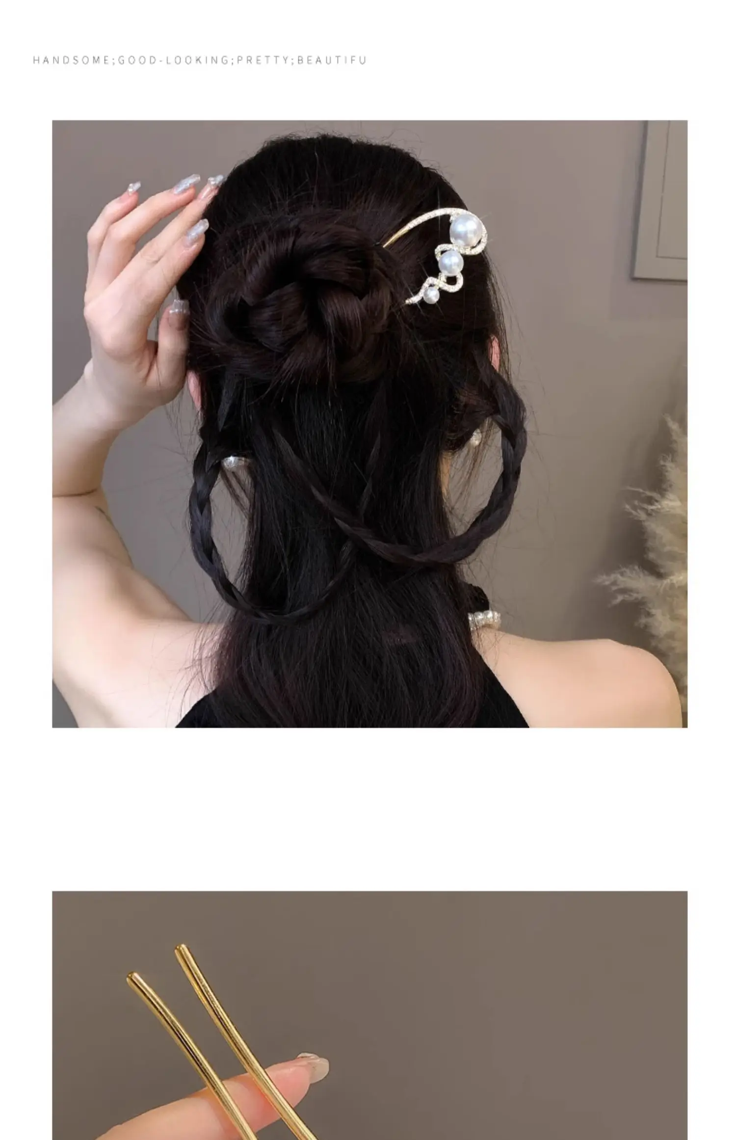 VANIKA Neue modische U-förmige Haarspangen aus Metall, elegante Perlen-Pferdeschwanz-Haarnadeln für Damen, schlichte Haarspangen, Kopfschmuck, Haaraccessoires – Detail 4