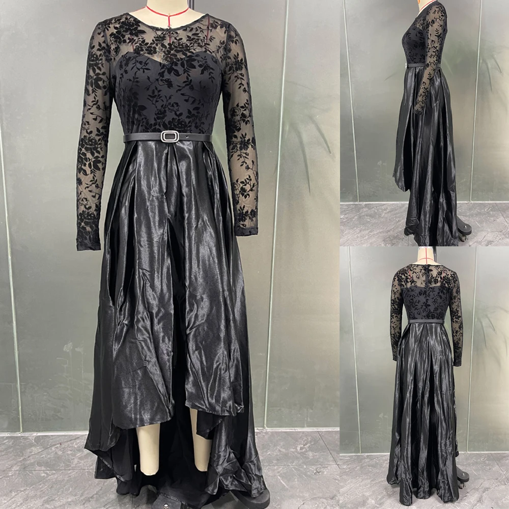 

Luxury Evening Dresses O-Neck A-Line Long Sleeve Floor-Length Lace Satin Patchwork 2024 New of Formal Evening Prom Dress Women