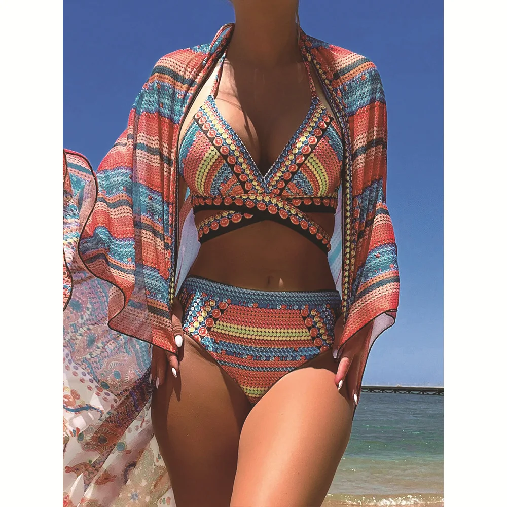 Women 3 Pcs Bohemian Bikini Set Deep V Wrap Swimsuit with Long Sleeve Sheer Kimono Cover Up Ethnic Print Beachwear Brazil Summer