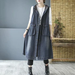 New Women Korean Denim Vest Coat Autumn Long Hooded Waistcoats Female Casual Sleeveless Jeans Vests Button Loose Vintage 100KG