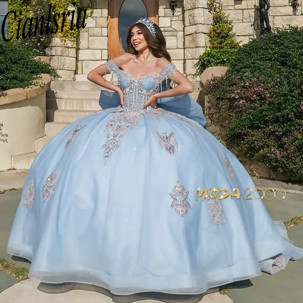 

Light Blue Off The Shoulder Bow Quinceanera Dresses Ball Gown Sequined Appliques Lace Beading Sweet 15 Años Mexican Customized