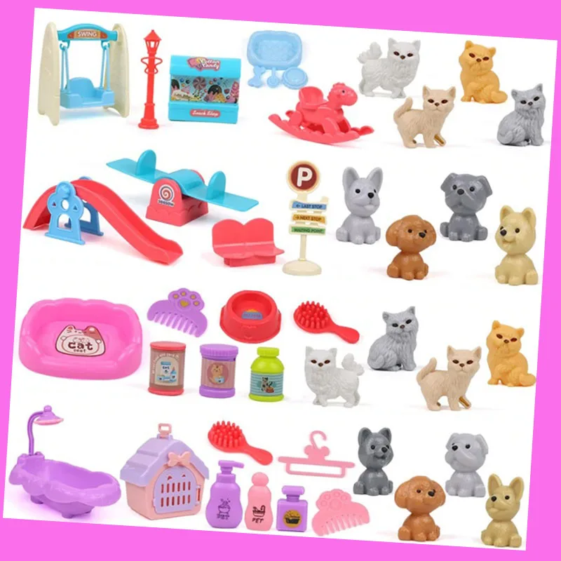 MFTS Pretend Play Toy Fashion Mini Pets Cat Dog House Kennel Bathtub For Children Play House Toy Accessories Kids Best Gift