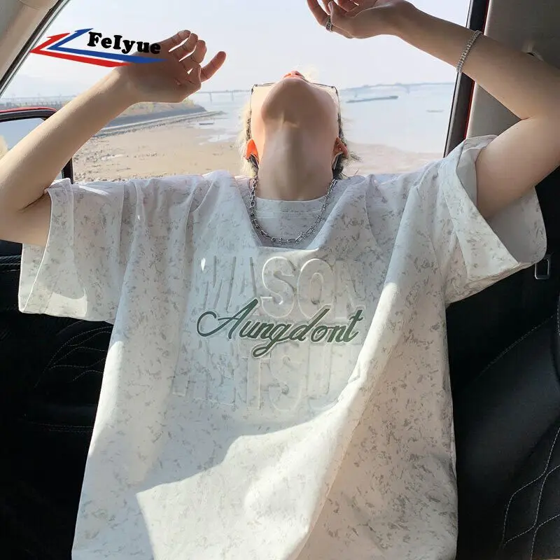 Men's Short Sleeve T-Shirt with Lettering Summer Steel Print 5-Finger Sleeve Top Trendy Brand Round Neck Half Sleeve T-Shirt