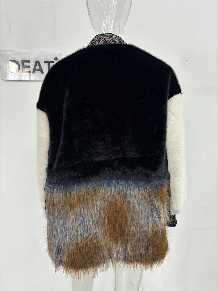 DEAT-Faux Fur emendado casaco de pelúcia para mulheres, jaqueta com decote em v, mangas compridas, moda feminina, novos itens, primavera, 11XX7236, 2024