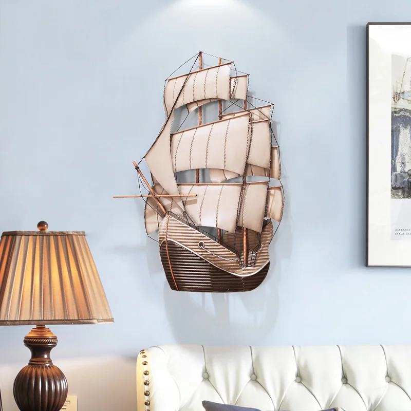 

American Wrought Iron Sailing Boat Wall Hanging Ornaments Home Livingroom Sticker Crafts Hotel Porch Mural Decoration