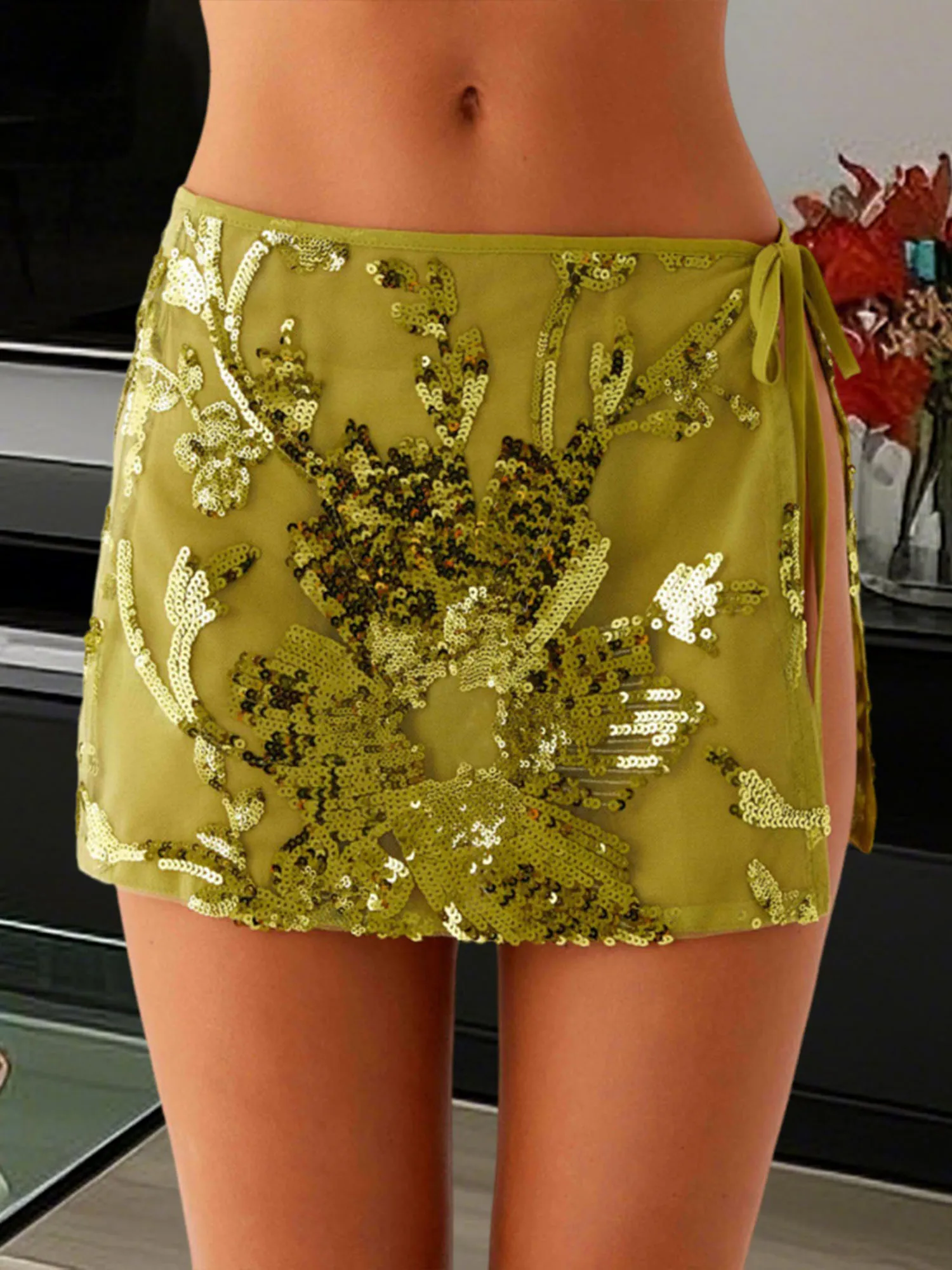 Dames rokken met pailletten, laagbouw, zijband, split, sprankelende minirok, trendy zomer-streetwear