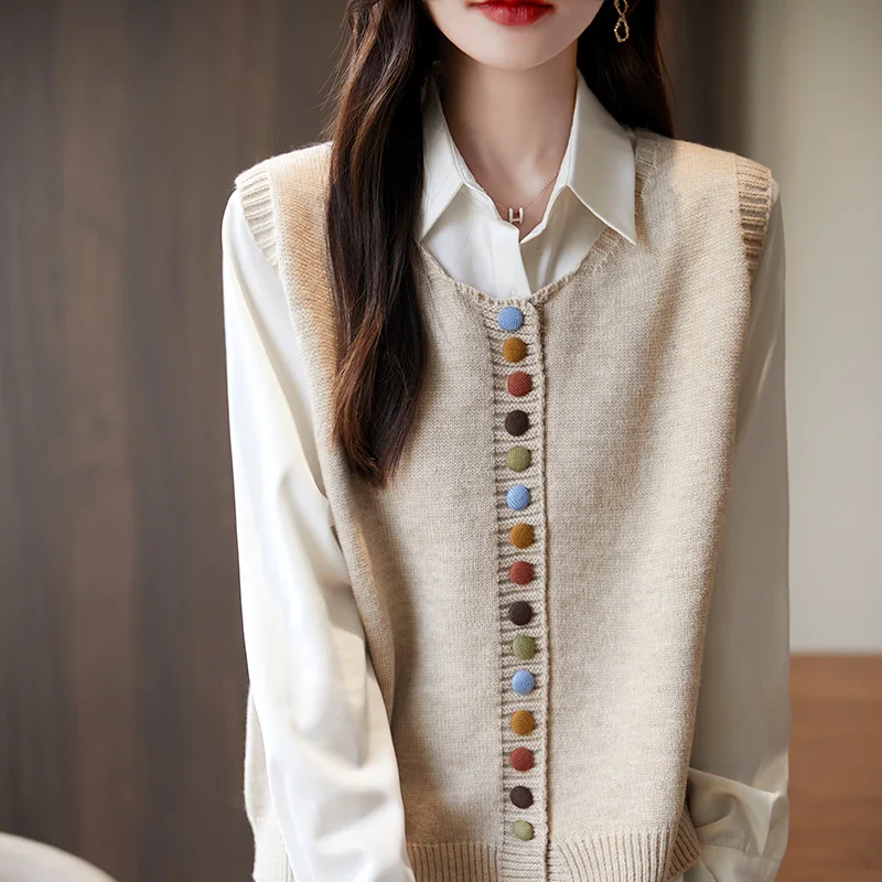 2024 New Spring And Autumn Female Vest Fashion Casual Sleeveless Sweater Vest Cardigan Waistcoat Solid color Tops