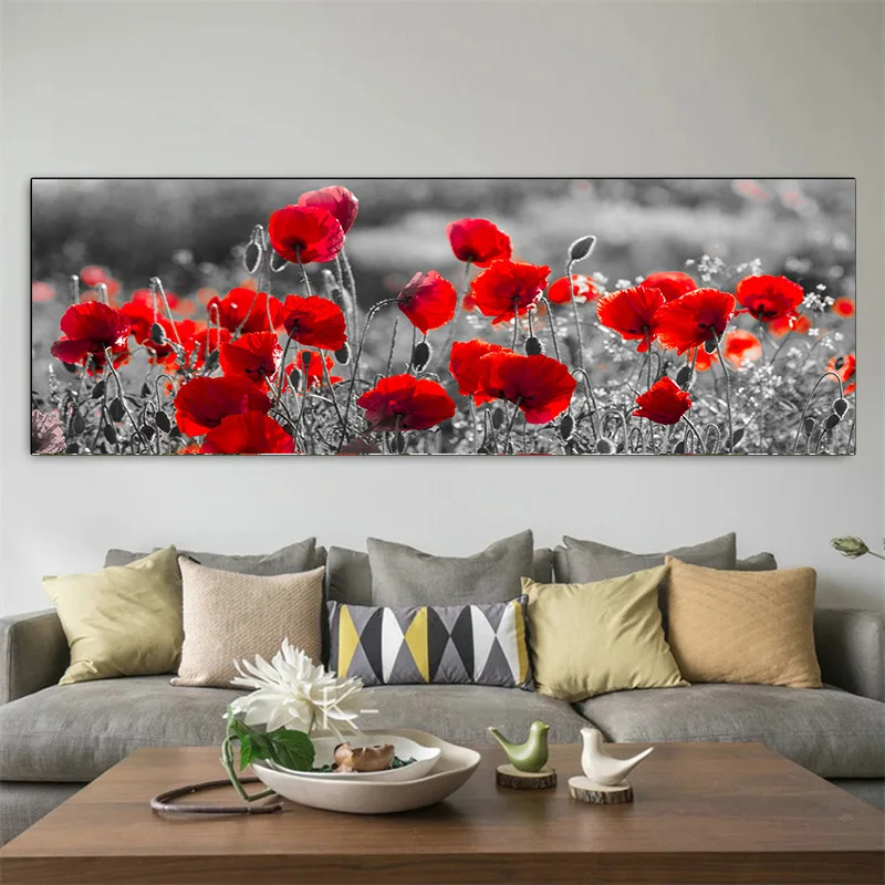 Landscape Black and White Red Poppy Canvas Painting Nature Posters and Prints Wall Art Pictures Living Room Home Decor No Frame