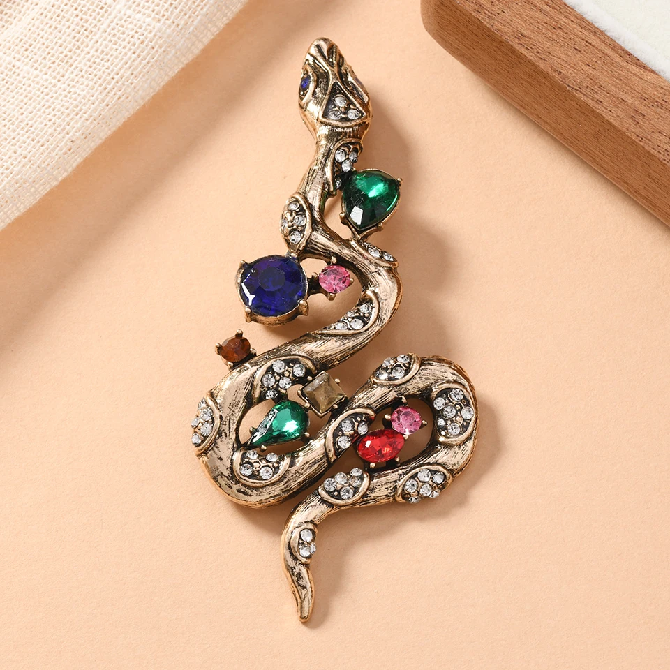 morkopela(morkopela) Vintage Curved Snake Brooch Colored Crystal Stone Alloy Unisex Pin Eden Snake Unisex Corsage