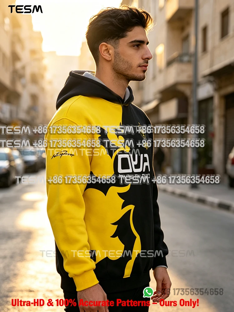 TESM Men Soccer Fan Hoodie Jersey Style Black Yellow No. 7 Printed Football Casual Pullover Sweatshirt Top