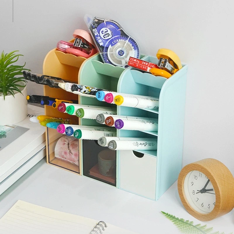 Organizador de escritorio de oficina, portalápices apilable con cajón, organizador de pinceles, soporte de almacenamiento de maquillaje para estudiantes y profesores
