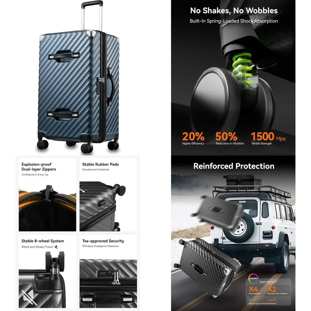 

багажник с амортизирующими вращающимися колесами, расширяемый твердый корпус из ПК, большой 28-дюймовый чемодан, синий, 92л-105л