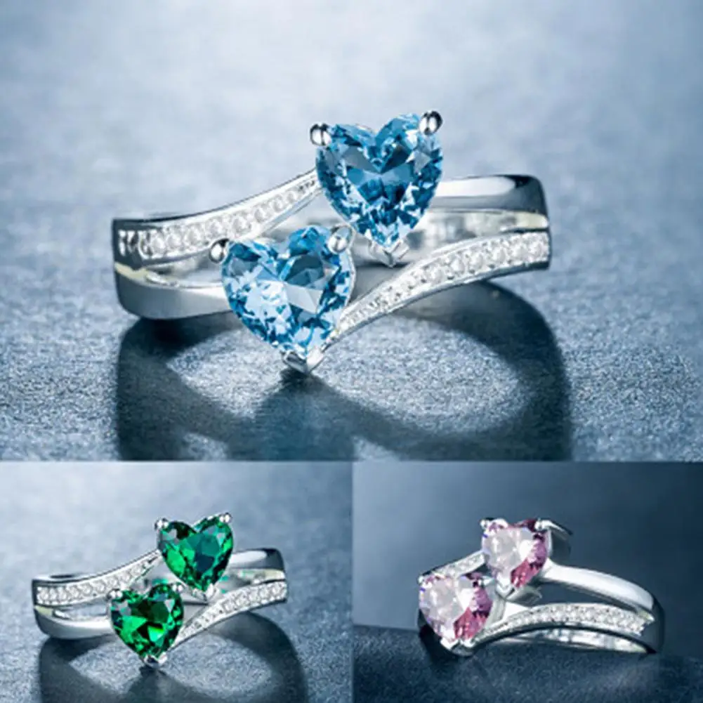 

2025 Novelty Dual Heart Finger Band Women Ring Heart Sparkling Cubic Zirconia Fashion Appearance Finger Band Party Finger Rings