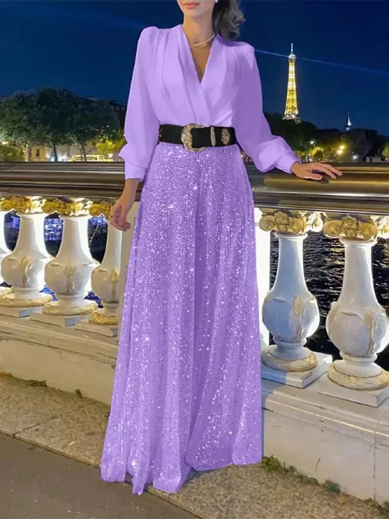 

2024 Autumn Evening Party Jumpsuit Women Long Sleeve Solid Sequin V-Neck High Waist Fashion Leg Pants Elegant Chic Spring Shirt