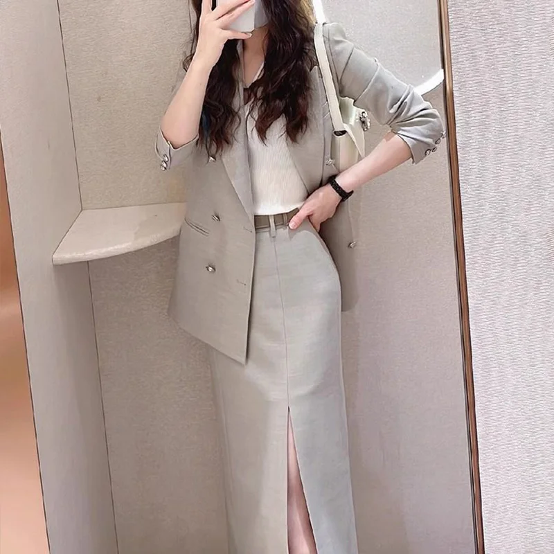 2024 Spring New Skilled and Elegant High end Hip Wrap Professional Commuter Light Grey Suit Coat Set Skirt Two Piece Set