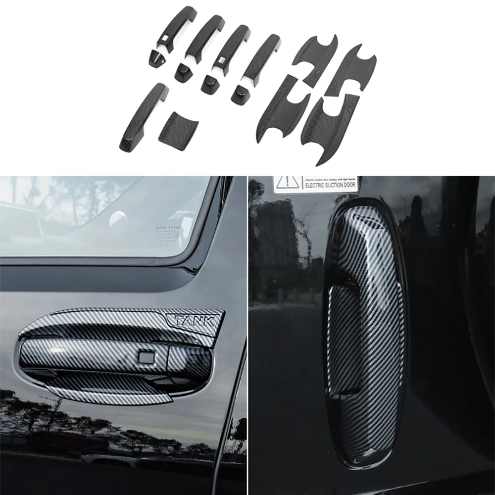 Carbon Fiber Color Door Handle Bowl Protector Car Window Handrail Decoration Cover Trim Set For Great Wall Tank 700 Hi4-T 2024