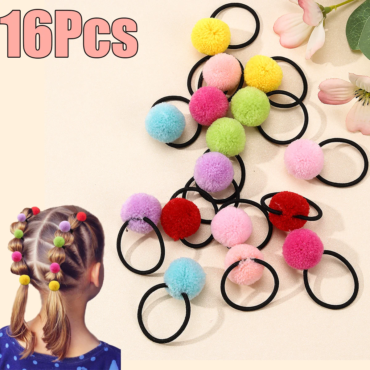 

16Pcs Kids Ball Hair Ties Cute Pom-pom Elastic Band Rubber Bands Sweet Korean Diadem For Baby Girls Children School Accessories