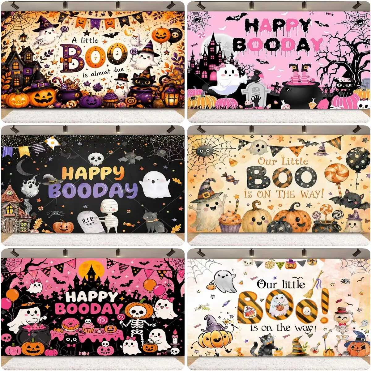 A Little Boo Is Almost Due Cute Ghost Pumpkin Bat Witch Castle Photo Background Halloween Theme Newborn Baby Party Wall Decor