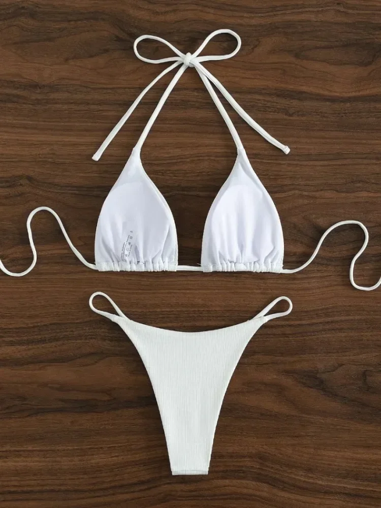 Costume da bagno da donna Costume da bagno bianco Halter Due pezzi Perizoma Bikini Set Costumi da bagno Costume da bagno biquini brasiliano Costumi da bagno Nero