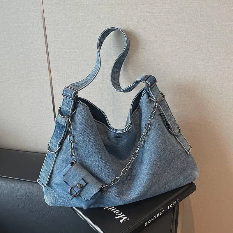 

Повседневная джинсовая сумка-ведро большой вместимости для женщин, городская сумка через плечо из мягкого полиэстера с застежкой-молнией, однотонная