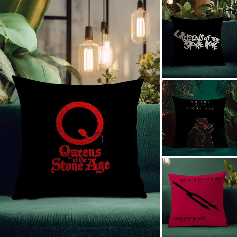 Q-Queens Of The Stone Age Cushion Cover Natural Linen Organic Fabric Double-Sided Printing Breathable Perfect Gift For Decor