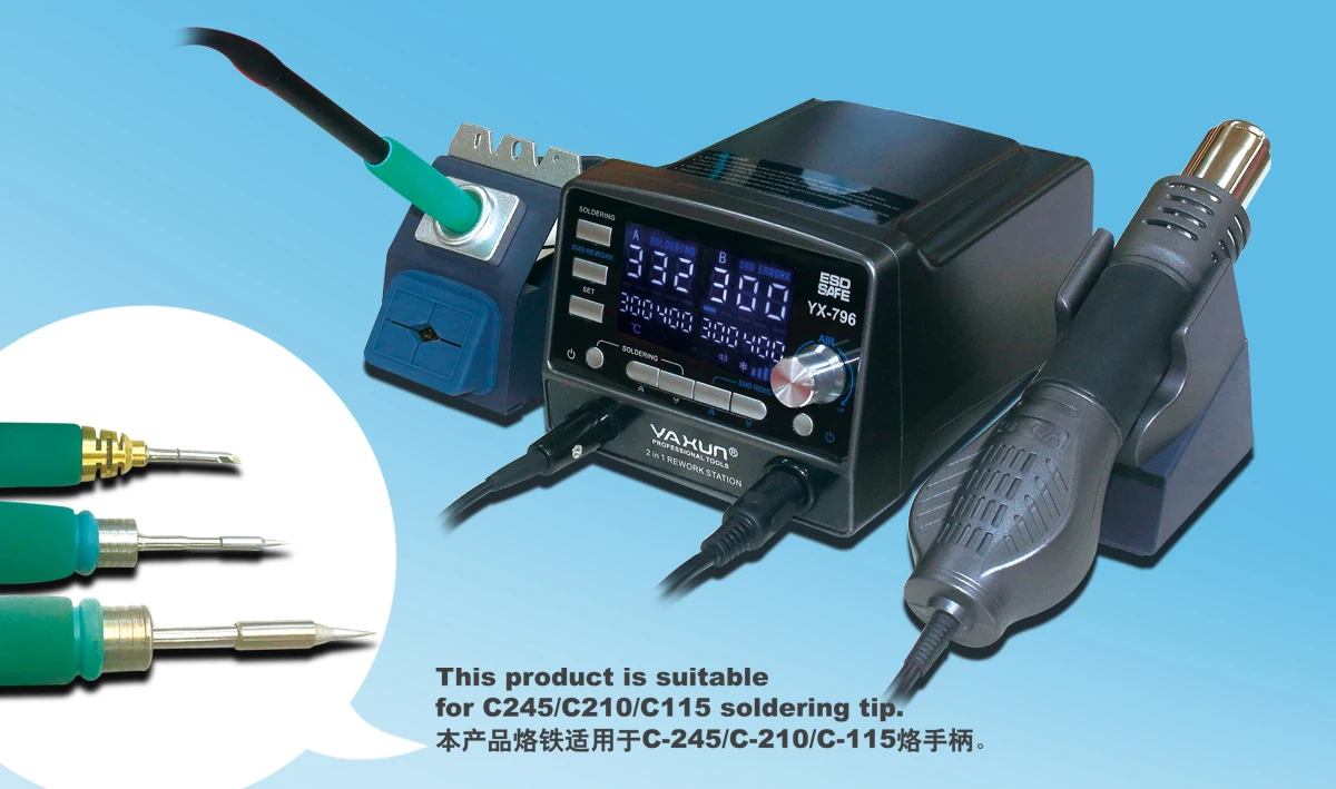 YAXUN YX-796 2 in 1 Intelligent Rework Station Brushless Fan Hot Air C210 Type Micro Soldering Iron 2 Seconds Fast Heating
