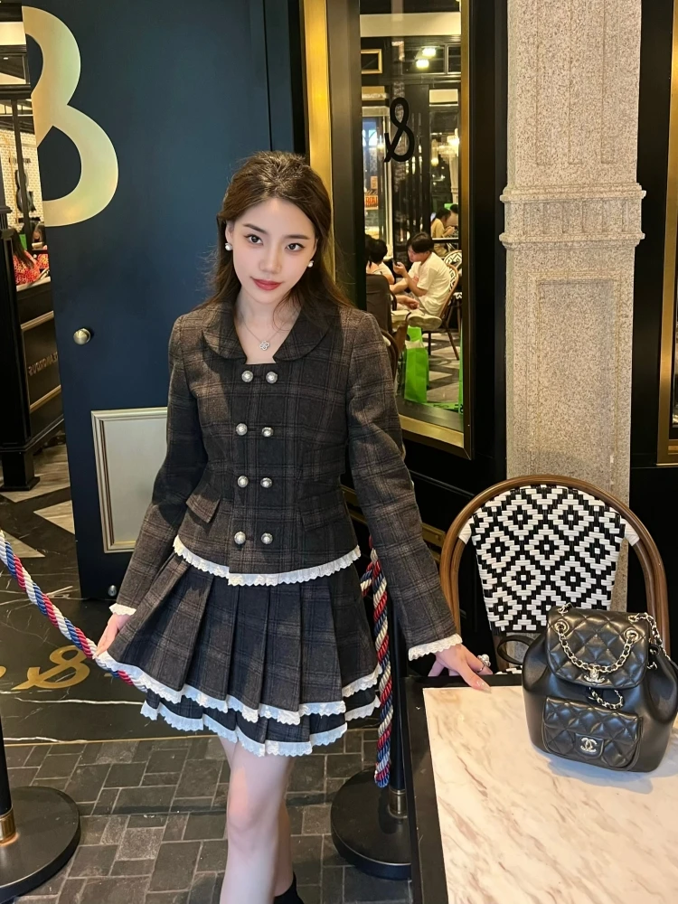 

Костюм-двойка с плиссировкой и квадратным воротником в клетку для похудения, весна 2024, модный женский шерстяной комплект для работы или школы