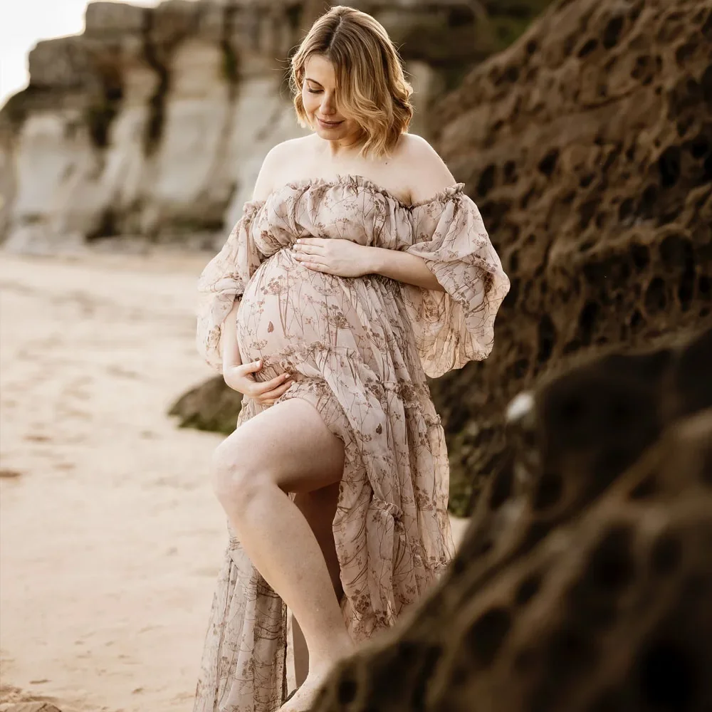 Pregnant Dress For Women  Photography Dresses Printed Chiffon Long Elegant Sleeved Shoulder Dress Photo Shoot