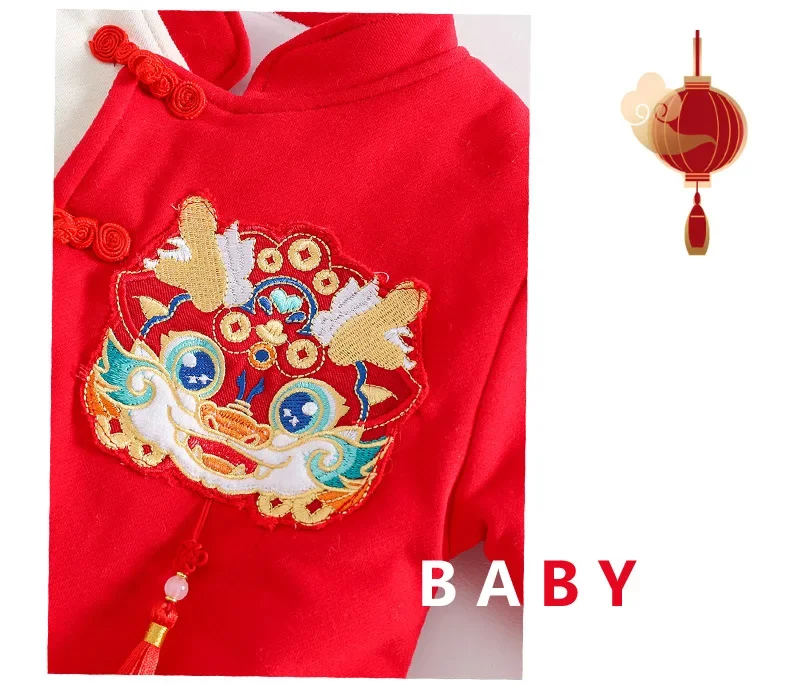 Winter verdicken Jungen Mädchen Baby rot niedlichen Kinder Overall Drachen Vollmond Neugeborenen chinesischen Neujahr tragen Tang Anzug Stram pler