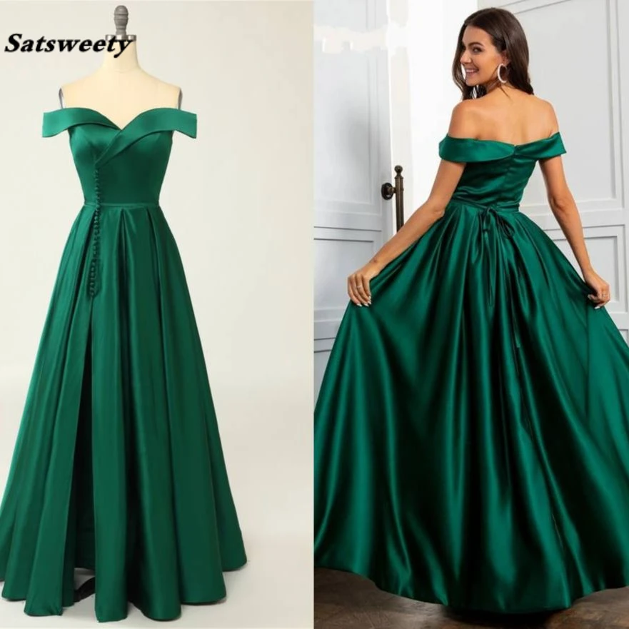 Simplicity Green Evening Dresses Sexy Long Party Gowns Elegant Satin Prom Dresses Off-Shoulder High Slit Formal Party Dresses