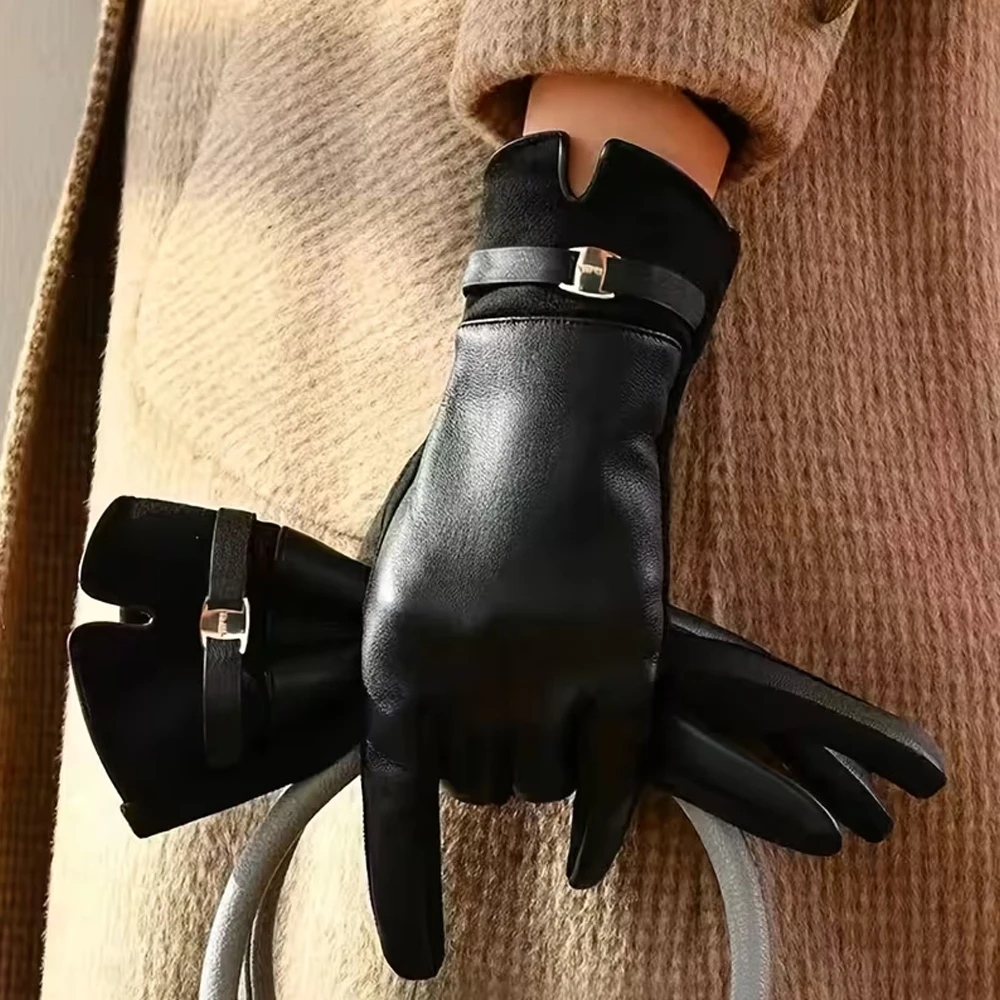 Women's Pu Gloves, Winter Warm Thickened Fleece Lining, Suitable for Cold Driving, Outdoor Cycling Touch Screen Gloves