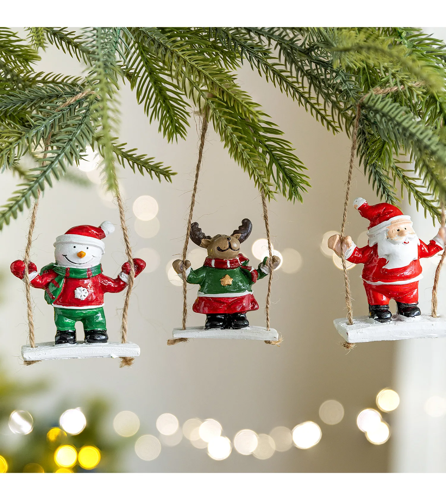 

【Swinging Santa Ornament】Resin Snowman Reindeer Figurine, Christmas Tree Hanging Decor for Home Party