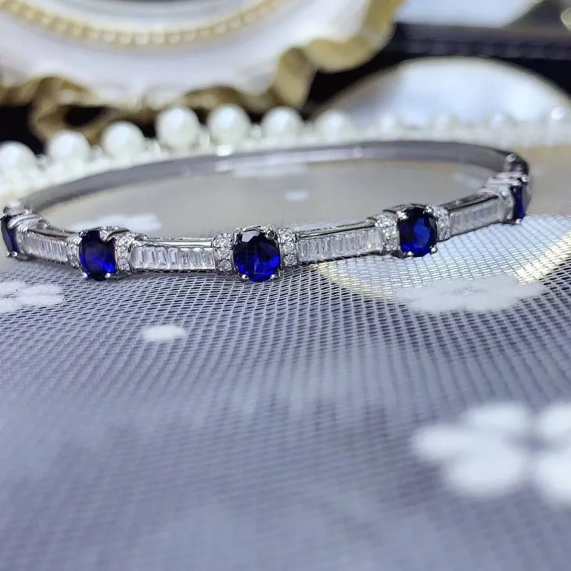 Natural Blue Sapphire Gem Bangles Natural Gemstone Bangles S925 Silver Bracelet Classic Elegant Array Women Party Fine Jewelry