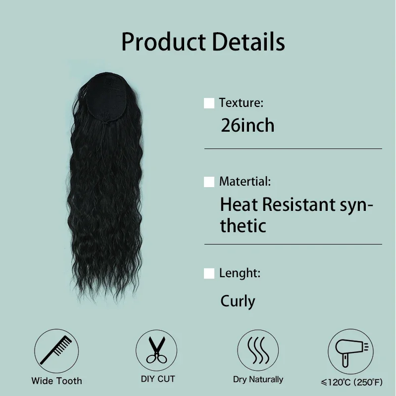 Extensão sintética do cabelo do rabo de cavalo da onda da água para mulheres, grampo do cordão, preto, longo, natural, falso, 26"