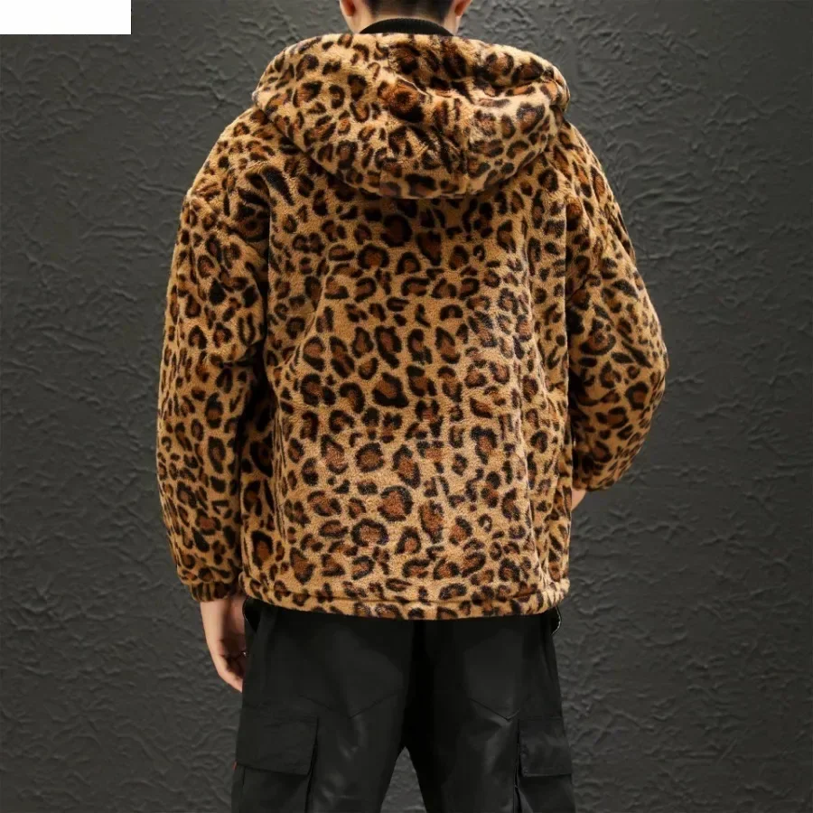 Autumn Winter Men's Hooded Jacket Fashion Couple Leopard Two-side Plush Zipper Coats Causal Loose Windbreaker Outerwear for Men