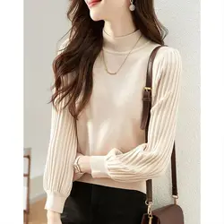 Korean Fashion Trend Autumn Winner Sweaters Women's Mock Neck Solid Simplicity Office Lady Puff Sleeve Pullovers Knitted Tops