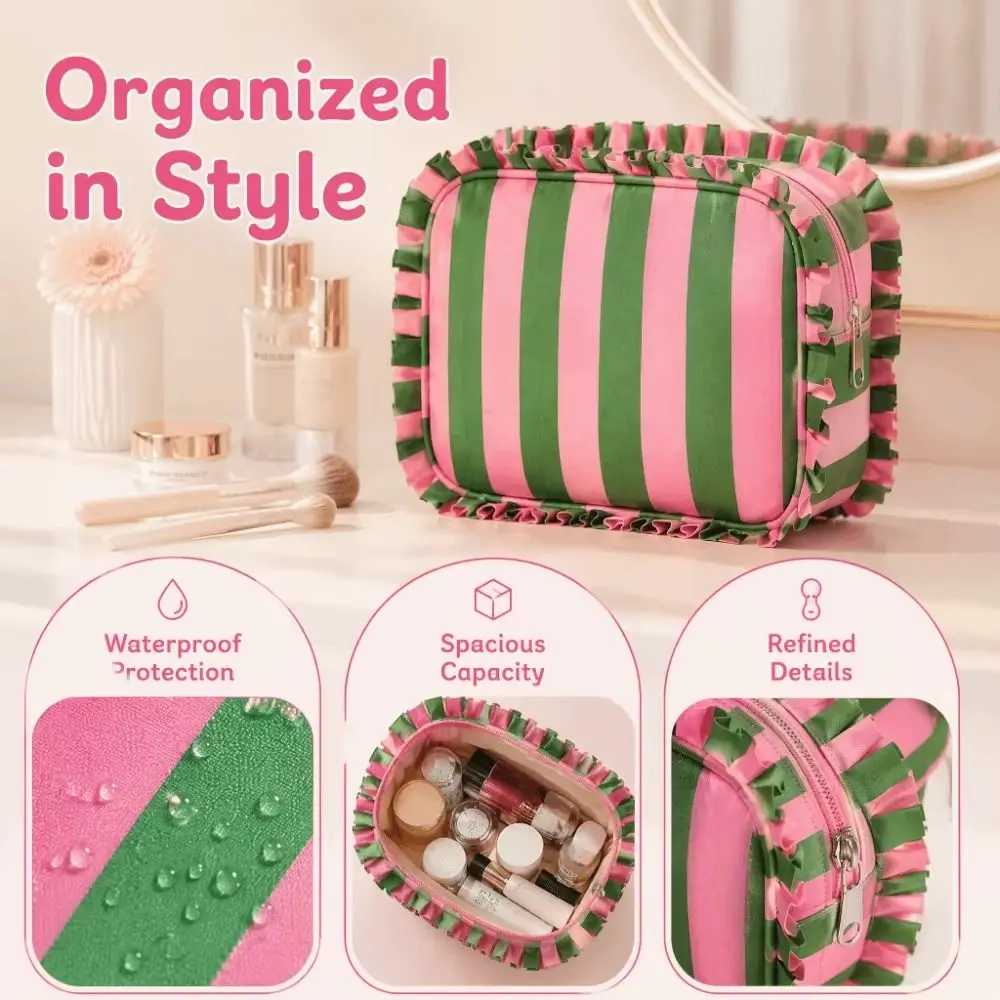 Ruffle Decoration Striped Cosmetic Bag Oxford Zip Top Striped Makeup Organizer Portable Colorful Travel Zipper Pouch