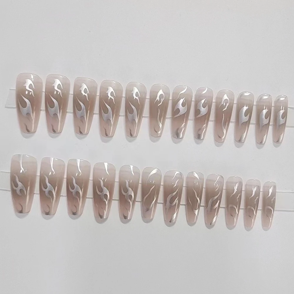 24 pçs metálico prata chama unhas falsas caixão longo cobertura completa artificial unhas falsas 3d bronzeamento linha cromo imprensa em unhas