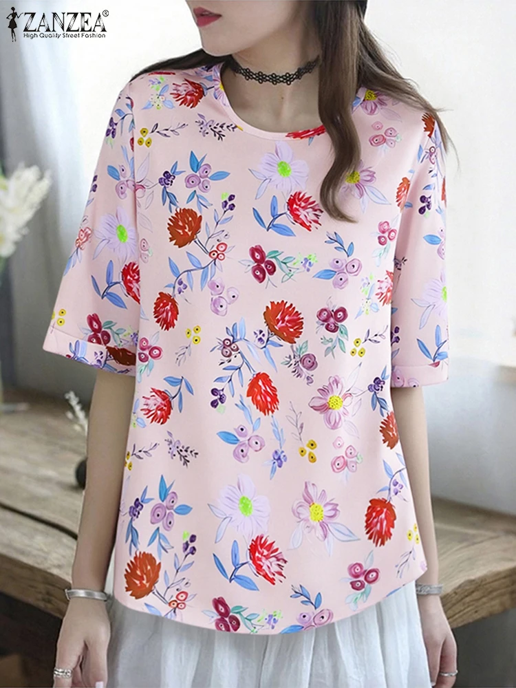 잔제아 여름 블라우스 여성 빈티지 플로럴 프린팅 셔츠 2025 반팔 캐주얼 휴가 탑 튜닉 루즈 블루사 오버사이즈