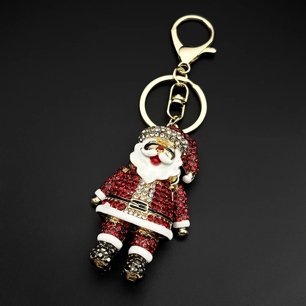Cute Santa Claus Rhinestone Key Rings for Women Men Alloy Gold Color Father Christmas  Halloween Jewelry Gifts Bag CharmsZZZ303