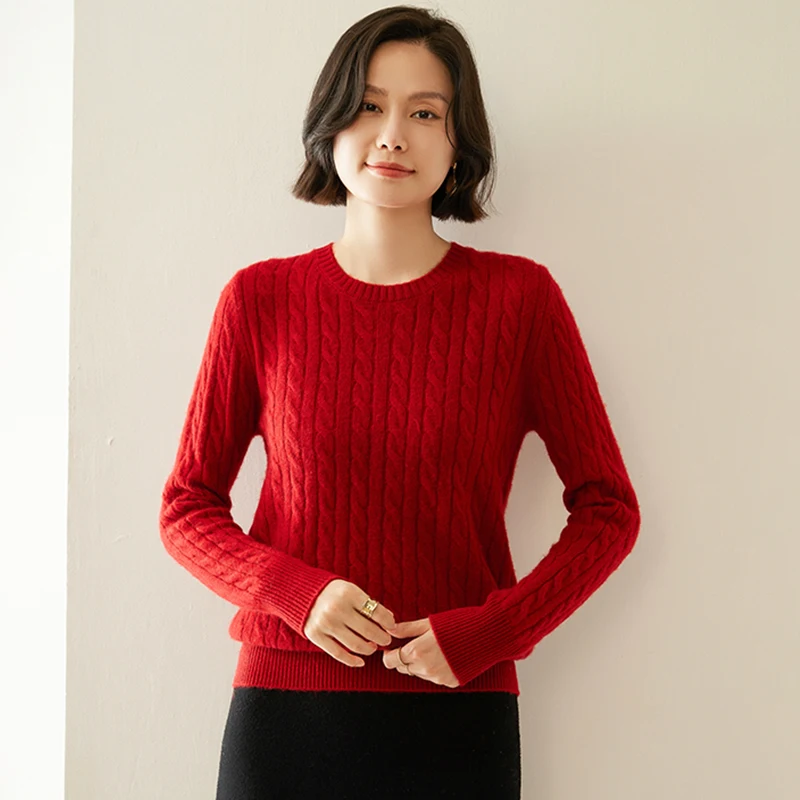 Simple Autumn Winter O-Neck Twist 100% Cashmere Knitted Women Solid Color Pullover Casual Long Sleeve Thick Warm Base Layer Top