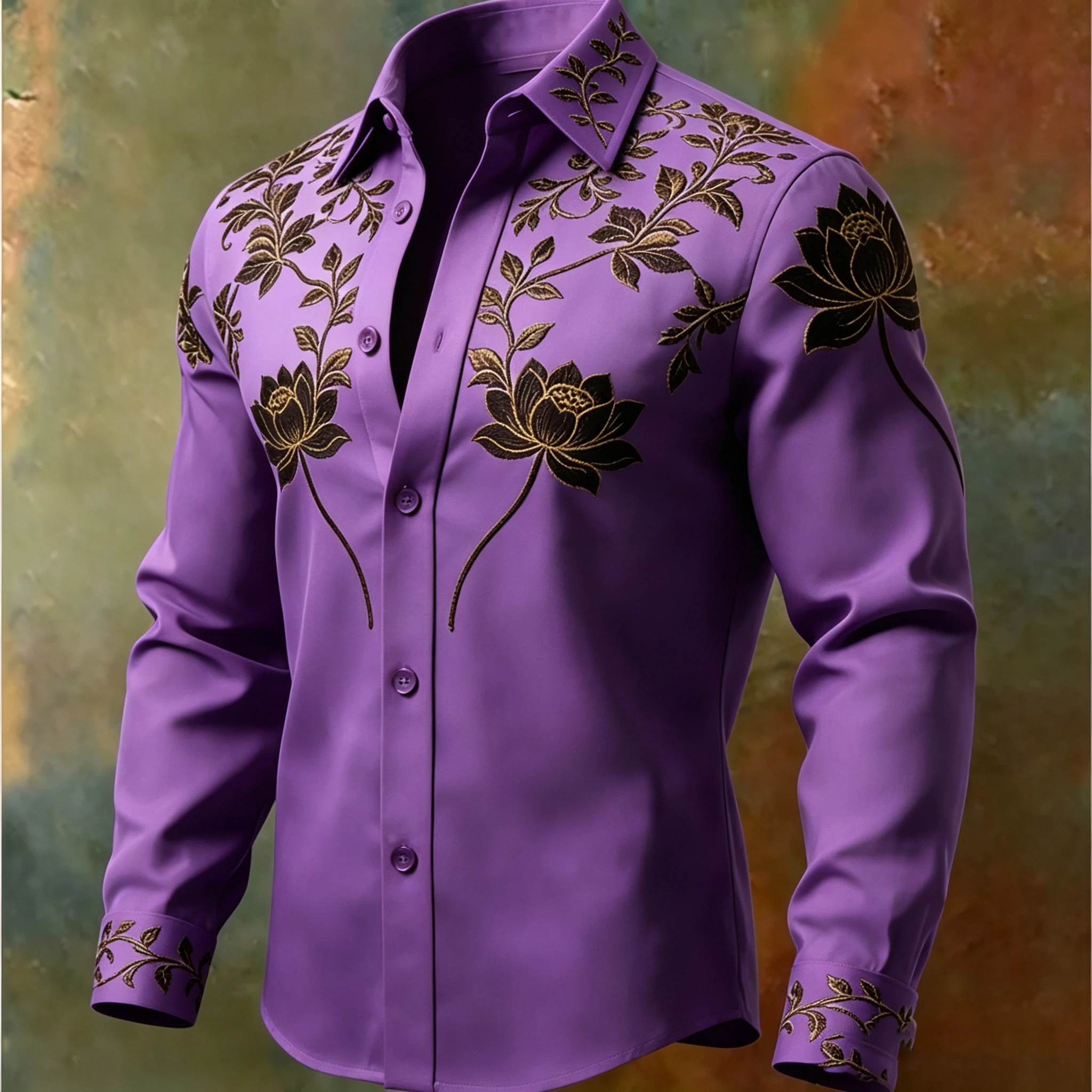 Men's Luxury Gold Thread Lotus Embroidery Long Sleeved Shirt With Satin Texture  Lapel Button  Casual Formal Shirt