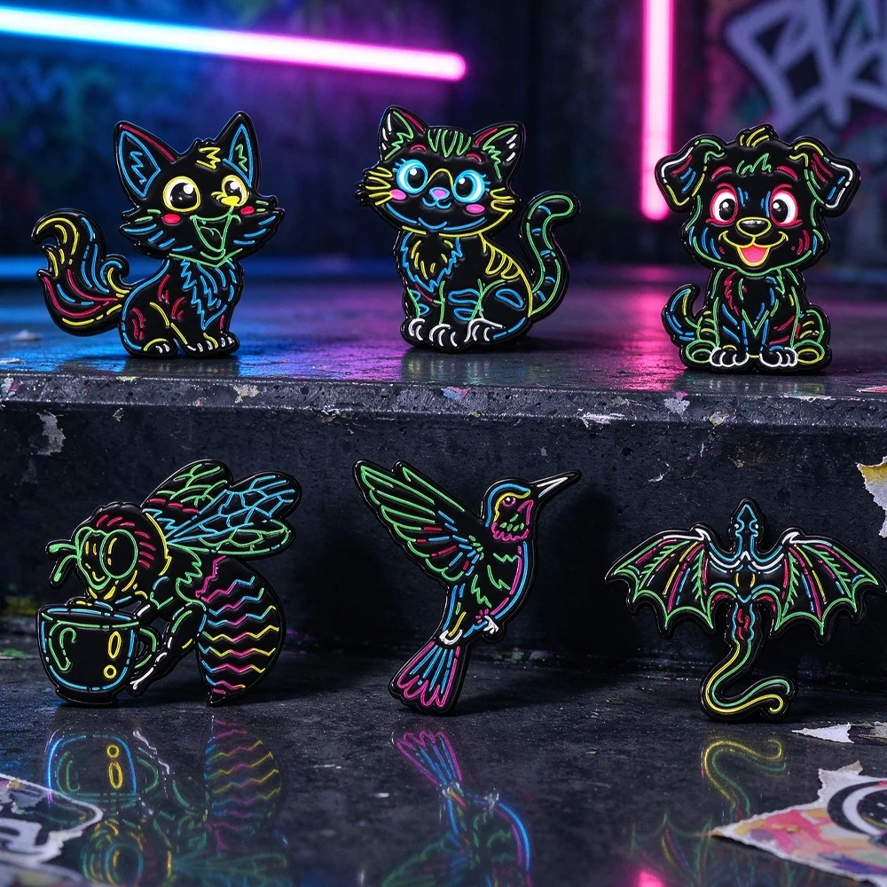 Neon Line Animal Enamel Lapel Pin Cat Dog Bat Bee Hummingbird Metal Badge Brooch Backpack Decor Collectible Gift