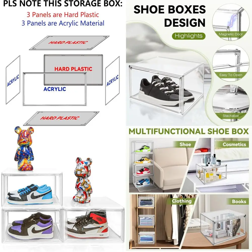 

Clear Stackable Plastic Shoe Boxes with Magnetic Door, 12.5 Size Sneaker Organizer for Closet