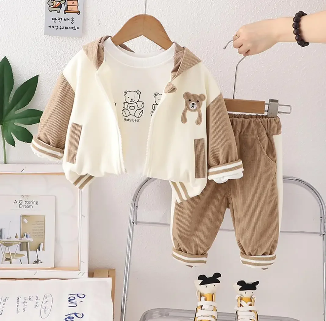 Toddler Outfits for Kids Baby Clothes 6 To 12 Monthes Patchwork Bear Hooded Jackets+White T-shirts+Pants 3Pcs Infant Boys Sets