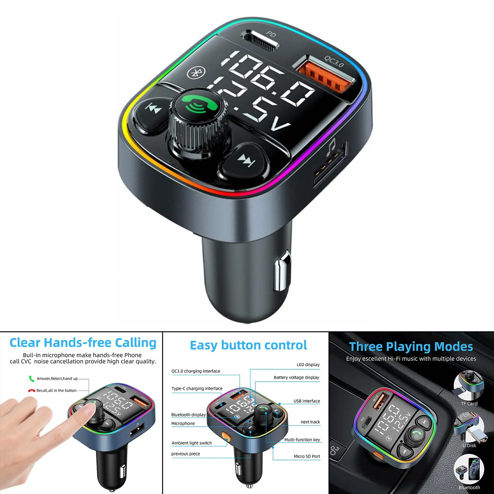 Car Bluetooth FM Transmitter Car Charger Fast for Old Type Auto Women