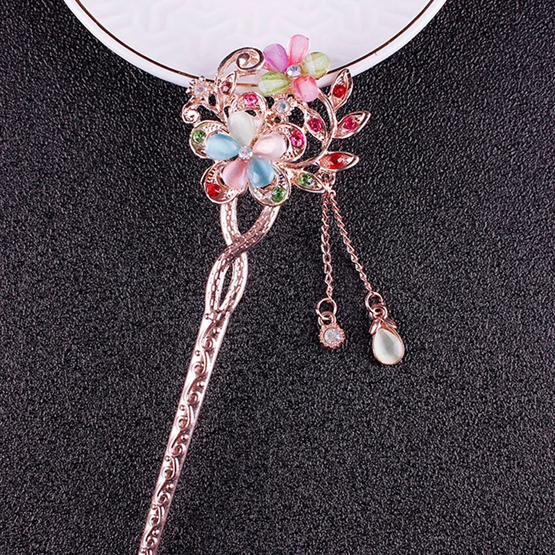 Cat Eye Stone Hair Pin Double Flower Rhinestone Hair Stick Hair Clip